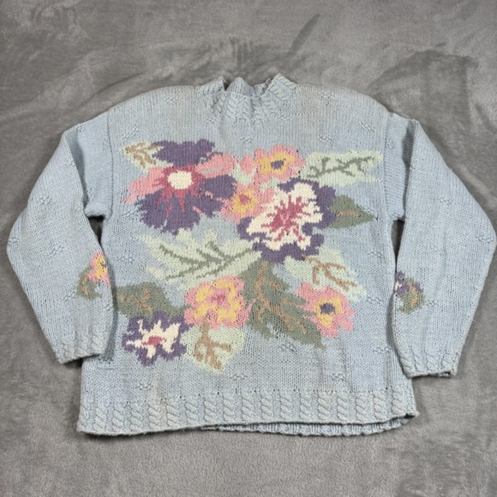 Vintage Floral Sweater Womens Large Karen Scott Mock Neck Cottage Grandma Granny